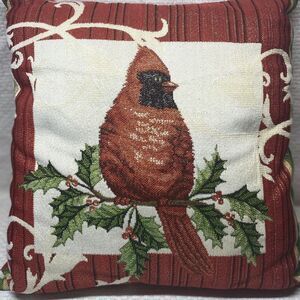 Red Cardinal Burlap/Velvet Accent Throw Pillow Embroidered 15" Square Christmas